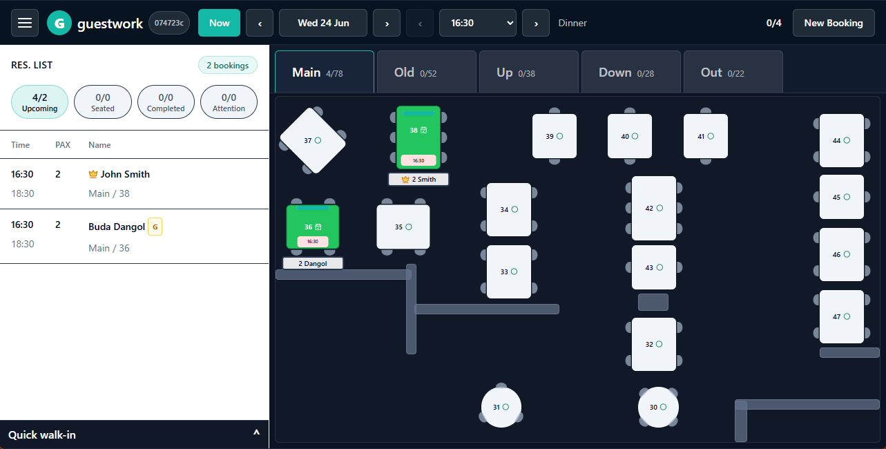 Guestwork floorplan and booking list interface